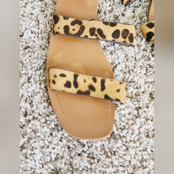 Zara Tan Cream Leopard Animal Print Faux Fur Strappy Flat Sandals - Picture 2 of 6